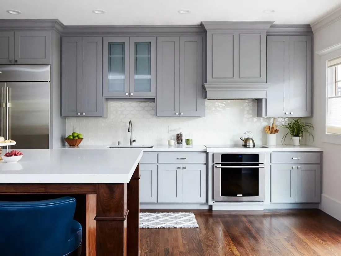 Professional kitchen cabinet painting in grey finish
